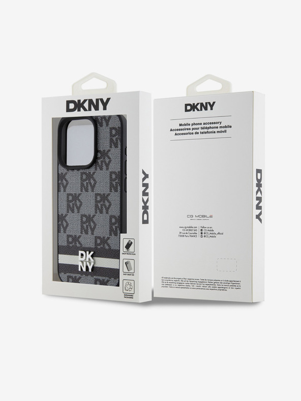DKNY PU kožený zadný kryt so šachovnicovým vzorom a pruhmi pre iPhone 15 Pro Max Black DKNY