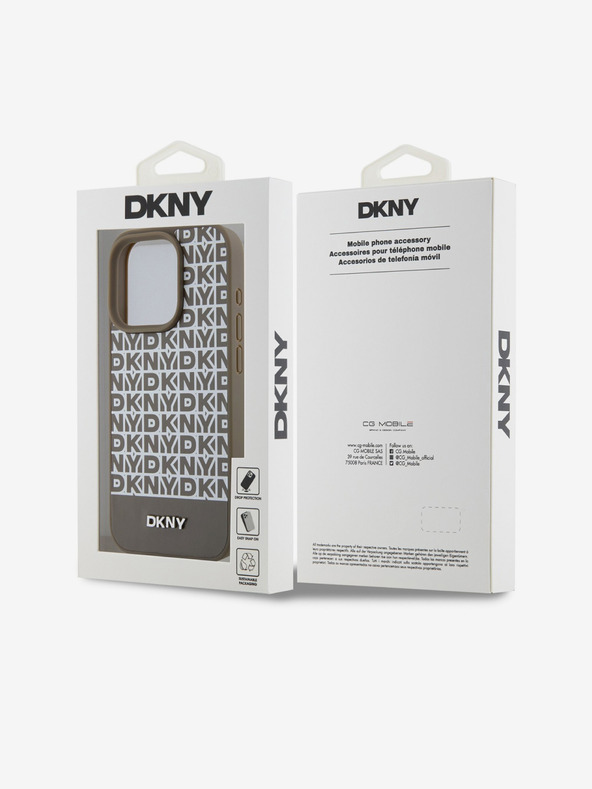 DKNY PU kožený zadný kryt Repeat Pattern Bottom Stripe MagSafe pre iPhone 13 Pro Brown DKNY