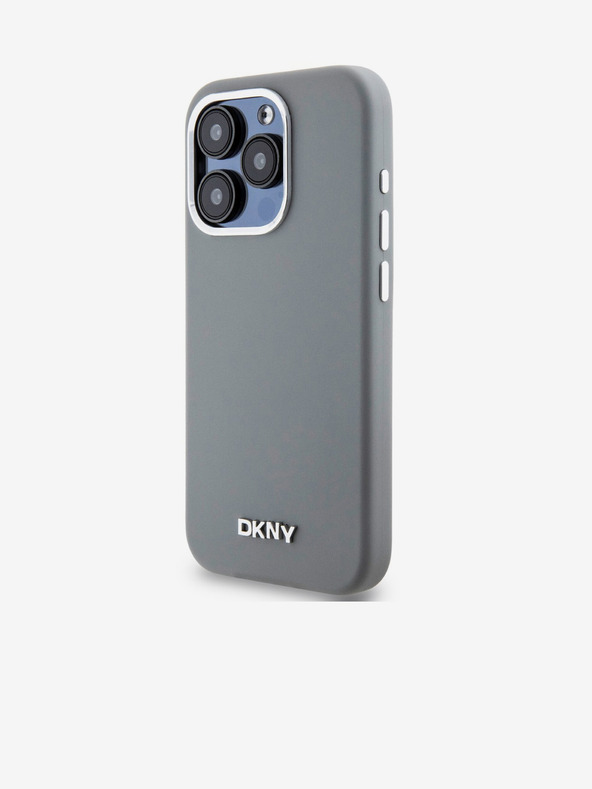 DKNY Liquid Silicone Silver Metal Logo Magsafe zadný kryt pre iPhone 15 Pro sivý DKNY