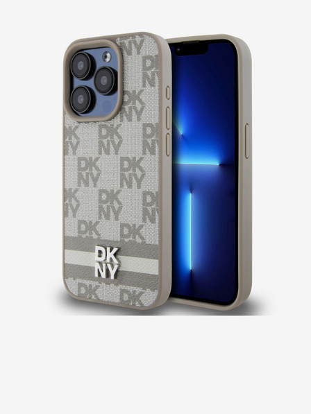 DKNY PU kožený zadný kryt so šachovnicovým vzorom a pruhmi pre iPhone 13 Pro Beige DKNY