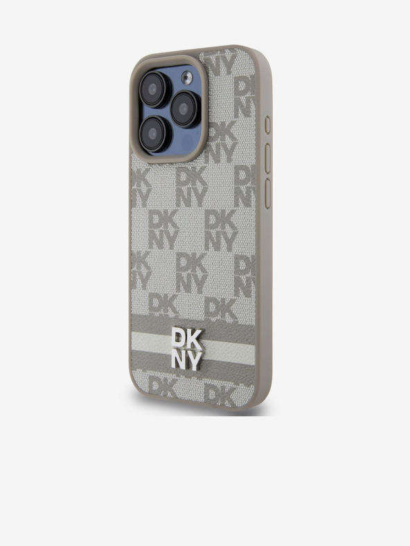 DKNY PU kožený zadný kryt so šachovnicovým vzorom a pruhmi pre iPhone 13 Pro Beige DKNY