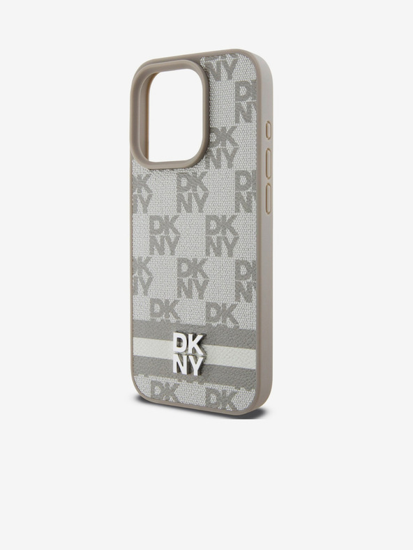 DKNY PU kožený zadný kryt so šachovnicovým vzorom a pruhmi pre iPhone 13 Pro Beige DKNY