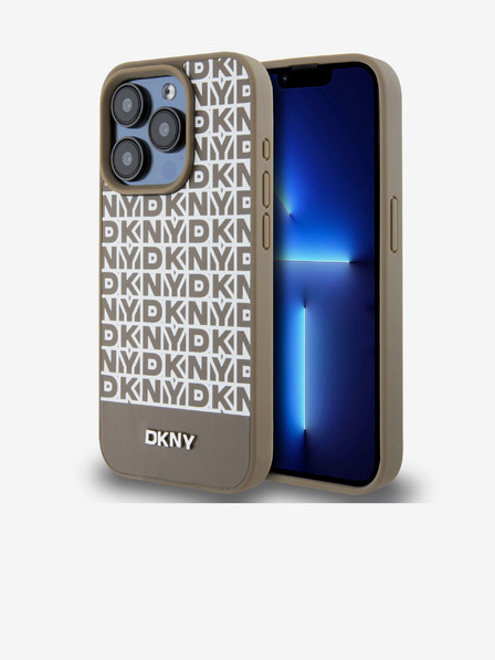 DKNY PU kožený zadný kryt Repeat Pattern Bottom Stripe MagSafe pre iPhone 14 Pro Brown DKNY