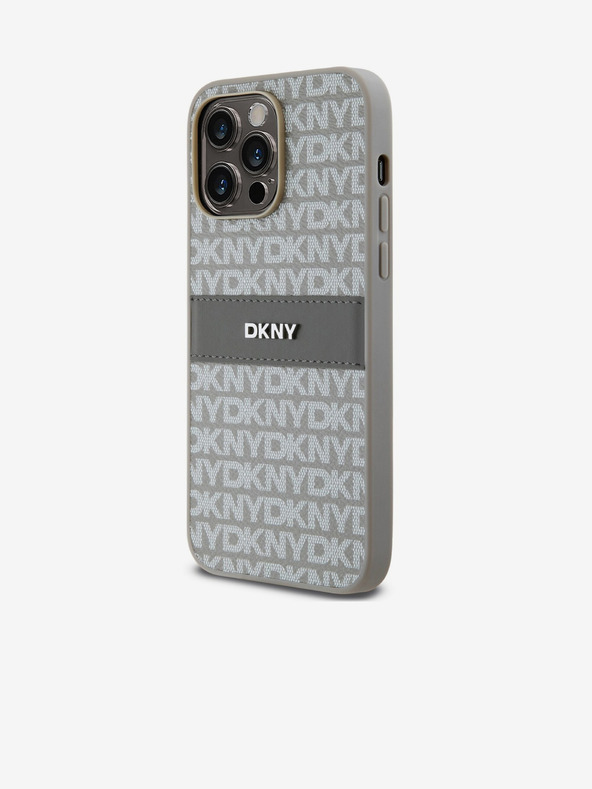 DKNY PU kožený zadný kryt s opakujúcim sa vzorom Tonal Stripe pre iPhone 15 Pro Max Beige DKNY