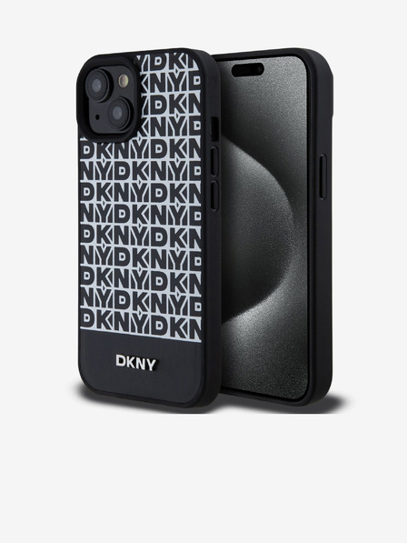 DKNY PU kožený zadný kryt Repeat Pattern Bottom Stripe MagSafe pre iPhone 15 Black DKNY