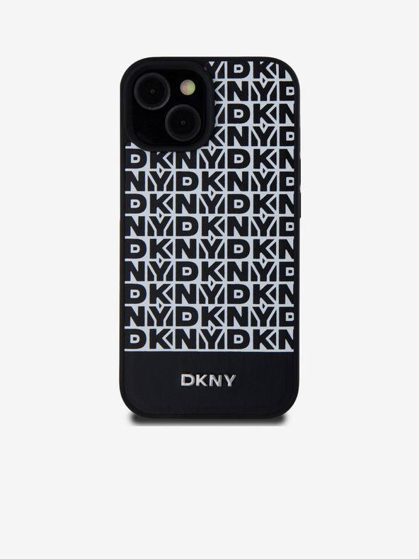 DKNY PU kožený zadný kryt Repeat Pattern Bottom Stripe MagSafe pre iPhone 15 Black DKNY