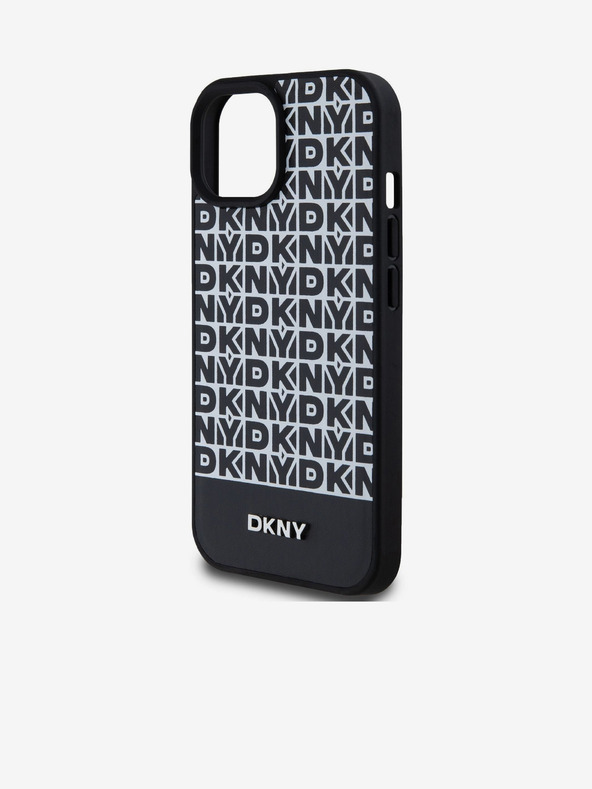 DKNY PU kožený zadný kryt Repeat Pattern Bottom Stripe MagSafe pre iPhone 15 Black DKNY