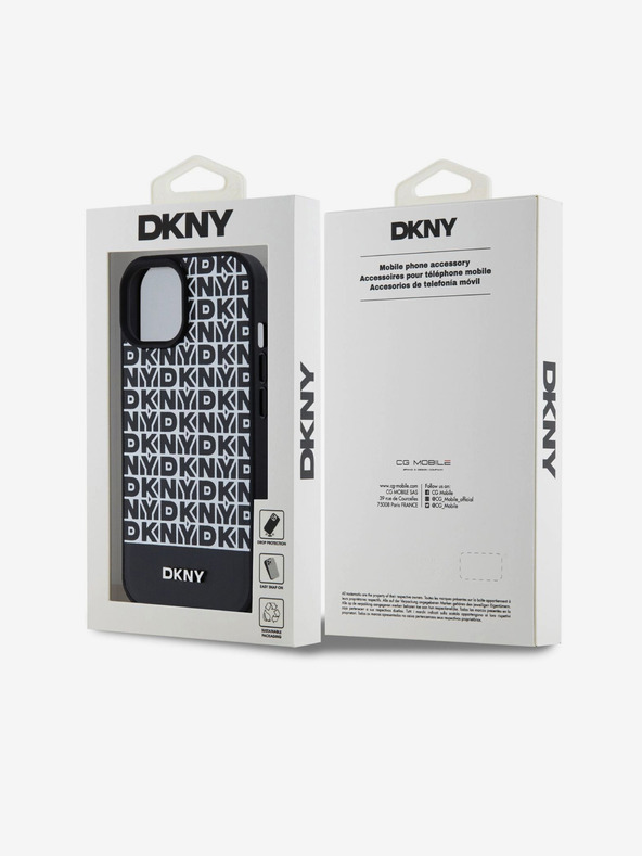 DKNY PU kožený zadný kryt Repeat Pattern Bottom Stripe MagSafe pre iPhone 15 Black DKNY