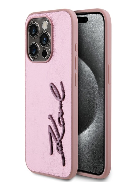 Karl Lagerfeld Zmačkaný zadný kryt PU Signature Logo pre iPhone 15 Pro Pink Karl Lagerfeld