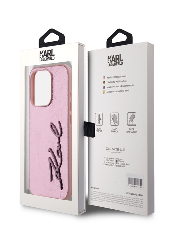 Karl Lagerfeld Zmačkaný zadný kryt PU Signature Logo pre iPhone 15 Pro Pink Karl Lagerfeld