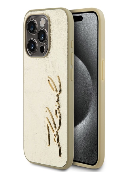 Karl Lagerfeld Zmačkaný zadný kryt PU Signature Logo pre iPhone 15 Pro Max Gold Karl Lagerfeld