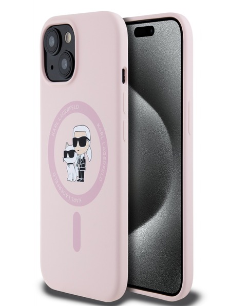 Karl Lagerfeld Tekutý silikónový zadný kryt Karl and Choupette Magsafe pre iPhone 15 ružový Karl Lagerfeld