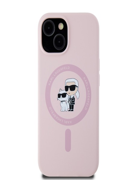 Karl Lagerfeld Tekutý silikónový zadný kryt Karl and Choupette Magsafe pre iPhone 15 ružový Karl Lagerfeld