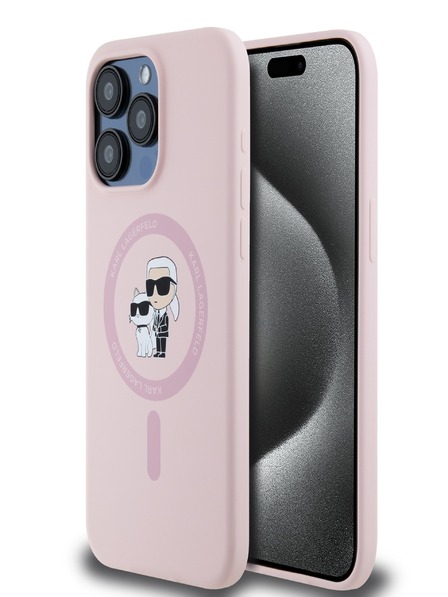 Karl Lagerfeld Tekutý silikónový zadný kryt Karl and Choupette Magsafe pre iPhone 15 Pro Pink Karl Lagerfeld