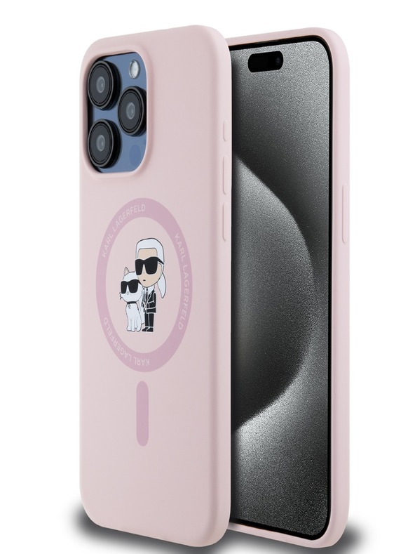 Karl Lagerfeld Tekutý silikónový zadný kryt Karl and Choupette Magsafe pre iPhone 15 Pro Pink Karl Lagerfeld