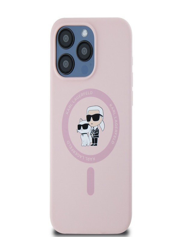 Karl Lagerfeld Tekutý silikónový zadný kryt Karl and Choupette Magsafe pre iPhone 15 Pro Pink Karl Lagerfeld
