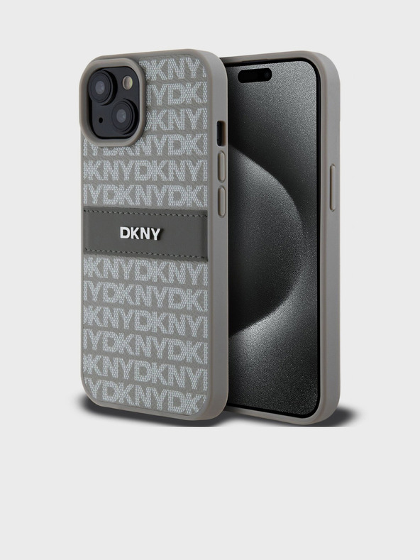 DKNY PU kožený zadný kryt s opakujúcim sa vzorom Tonal Stripe pre iPhone 15 Béžová DKNY