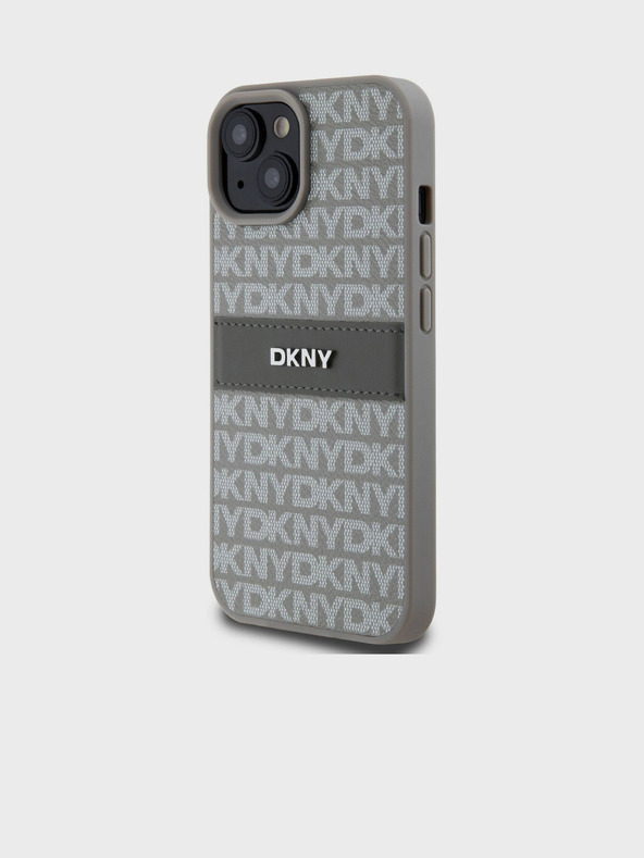 DKNY PU kožený zadný kryt s opakujúcim sa vzorom Tonal Stripe pre iPhone 15 Béžová DKNY
