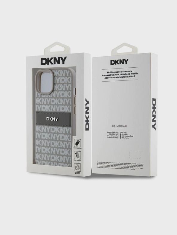 DKNY PU kožený zadný kryt s opakujúcim sa vzorom Tonal Stripe pre iPhone 15 Béžová DKNY