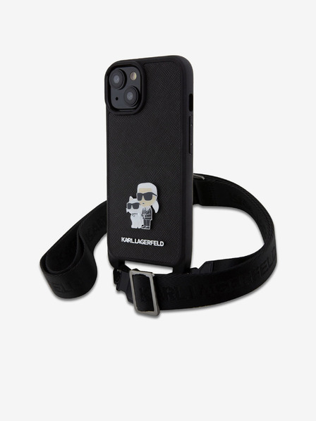 Karl Lagerfeld Karl Lagerfeld Saffiano Crossbody Strap Metal Karl and Choupette Zadný kryt pre iPhone 15 Black