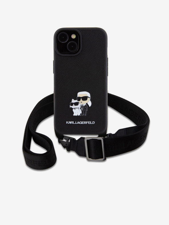 Karl Lagerfeld Karl Lagerfeld Saffiano Crossbody Strap Metal Karl and Choupette Zadný kryt pre iPhone 15 Black