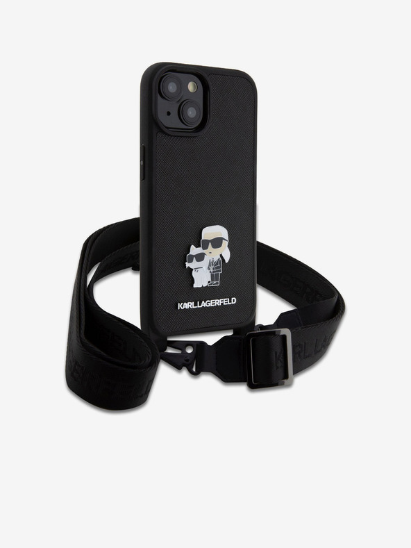 Karl Lagerfeld Karl Lagerfeld Saffiano Crossbody Strap Metal Karl and Choupette Zadný kryt pre iPhone 15 Black