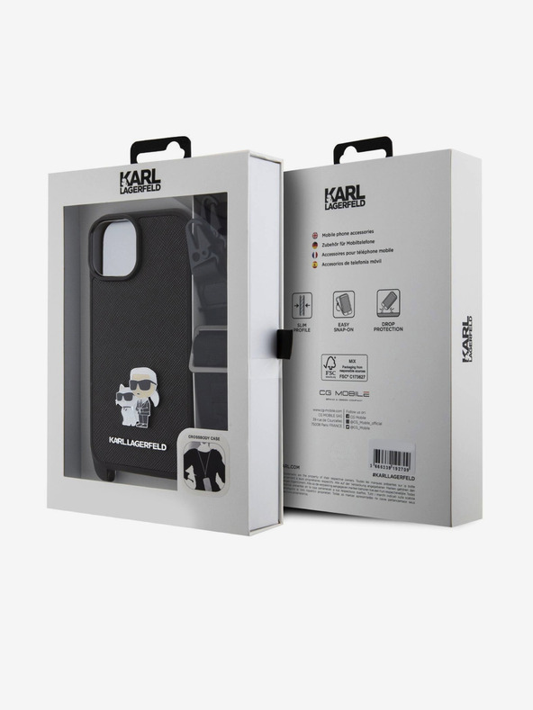 Karl Lagerfeld Karl Lagerfeld Saffiano Crossbody Strap Metal Karl and Choupette Zadný kryt pre iPhone 15 Black