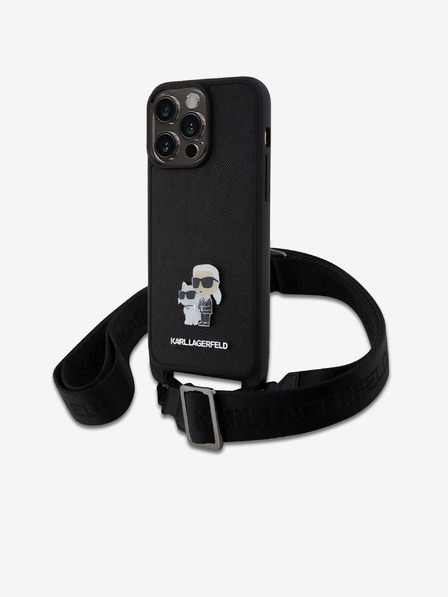 Karl Lagerfeld Saffiano Crossbody Strap Metal Karl and Choupette Zadný kryt pre iPhone 15 Pro Max Black Karl Lagerfeld