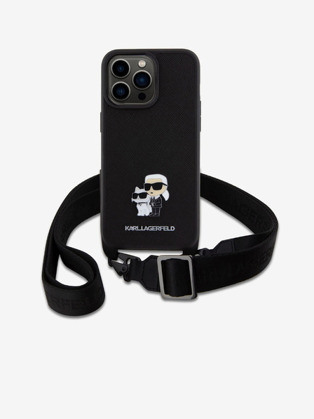 Karl Lagerfeld Saffiano Crossbody Strap Metal Karl and Choupette Zadný kryt pre iPhone 15 Pro Max Black Karl Lagerfeld
