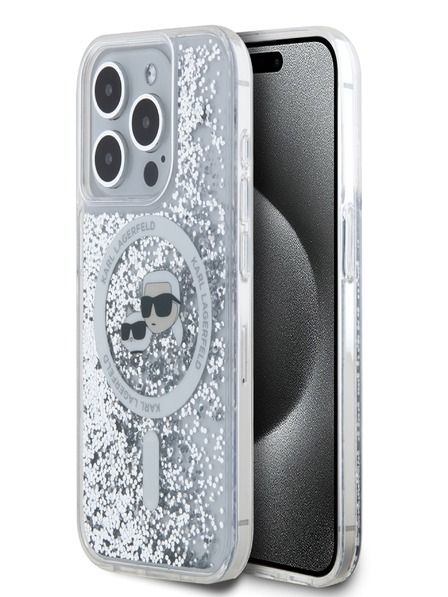 Karl Lagerfeld Karl Lagerfeld Liquid Glitter Karl and Choupette Heads MagSafe zadný kryt pre iPhone 15 Pro transparentný