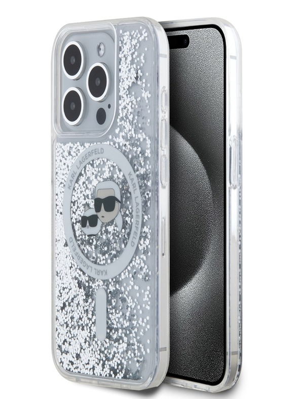 Karl Lagerfeld Karl Lagerfeld Liquid Glitter Karl and Choupette Heads MagSafe zadný kryt pre iPhone 15 Pro transparentný