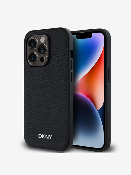 DKNY PU kožený strieborný kovový zadný kryt s logom Magsafe pre iPhone 14 Pro Max Black DKNY