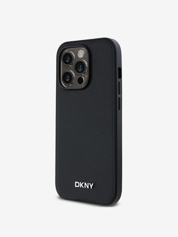 DKNY PU kožený strieborný kovový zadný kryt s logom Magsafe pre iPhone 14 Pro Max Black DKNY