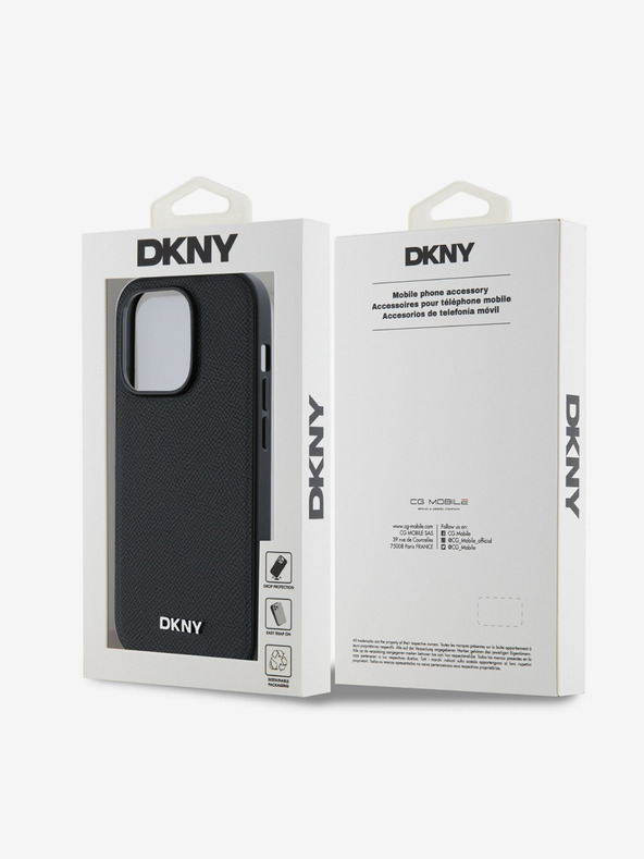 DKNY PU kožený strieborný kovový zadný kryt s logom Magsafe pre iPhone 14 Pro Max Black DKNY