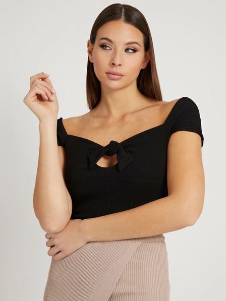 Guess Čierne dámske rebrované orezané tričko s mašľou Guess Valeriana