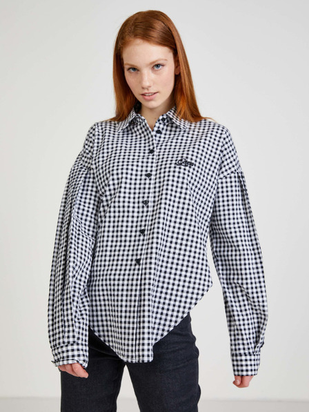 Guess Biela a čierna dámska kockovaná košeľa s balónovými rukávmi Guess