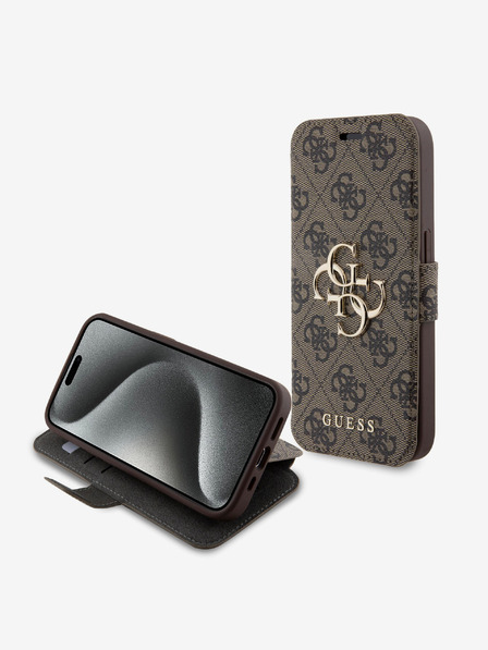 Guess Guess PU kožené puzdro s kovovým logom 4G Book pre iPhone 15 Pro Max hnedé