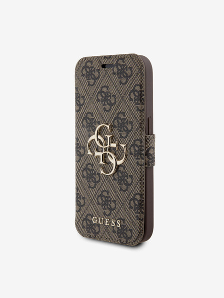 Guess Guess PU kožené puzdro s kovovým logom 4G Book pre iPhone 15 Pro Max hnedé