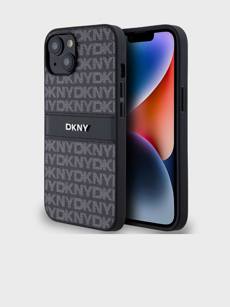 DKNY PU kožený zadný kryt s opakujúcim sa vzorom s tonálnym pruhom pre iPhone 14 čierny DKNY