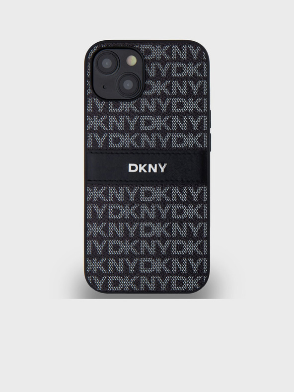 DKNY PU kožený zadný kryt s opakujúcim sa vzorom s tonálnym pruhom pre iPhone 14 čierny DKNY