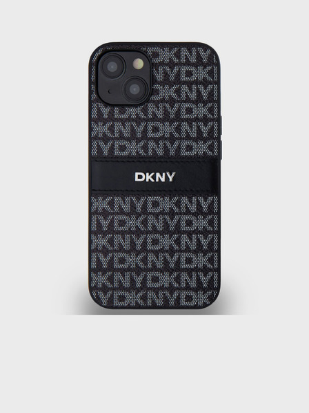 DKNY PU kožený zadný kryt s opakujúcim sa vzorom s tonálnym pruhom pre iPhone 14 čierny DKNY