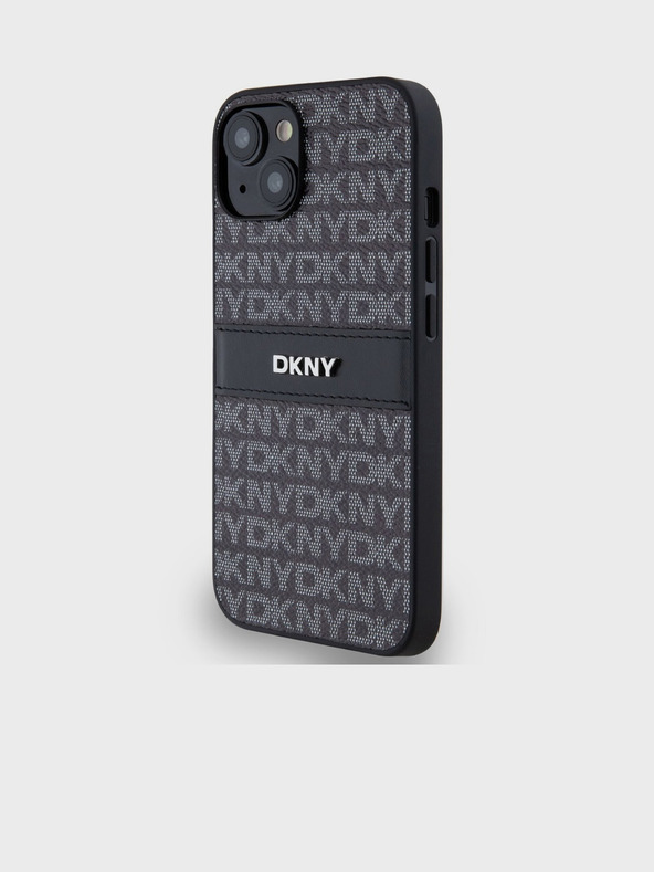 DKNY PU kožený zadný kryt s opakujúcim sa vzorom s tonálnym pruhom pre iPhone 14 čierny DKNY