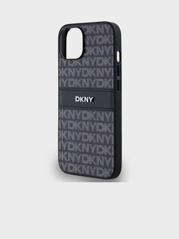 DKNY PU kožený zadný kryt s opakujúcim sa vzorom s tonálnym pruhom pre iPhone 14 čierny DKNY