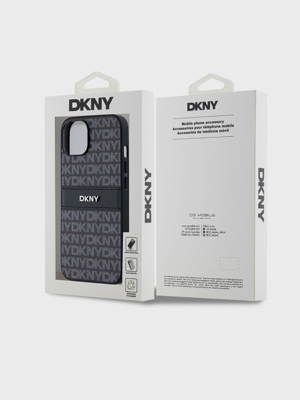 DKNY PU kožený zadný kryt s opakujúcim sa vzorom s tonálnym pruhom pre iPhone 14 čierny DKNY