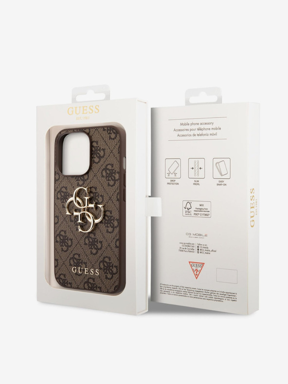 Guess PU 4G Metal Logo Zadní Kryt pro iPhone 14 Pro Max Brown Obal na telefón