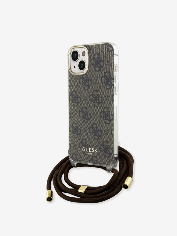 Guess Guess IML 4G Zadný kryt s potlačou Crossbody Strap pre iPhone 15 Brown