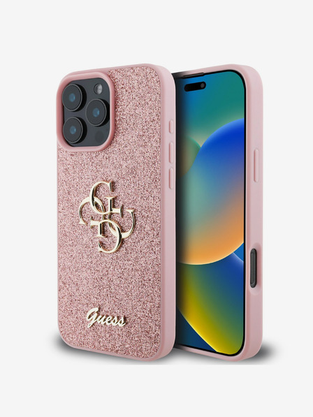 Guess Guess PU Pevný zadný kryt s kovovým logom 4G Glitter pre iPhone 16 Pro ružový