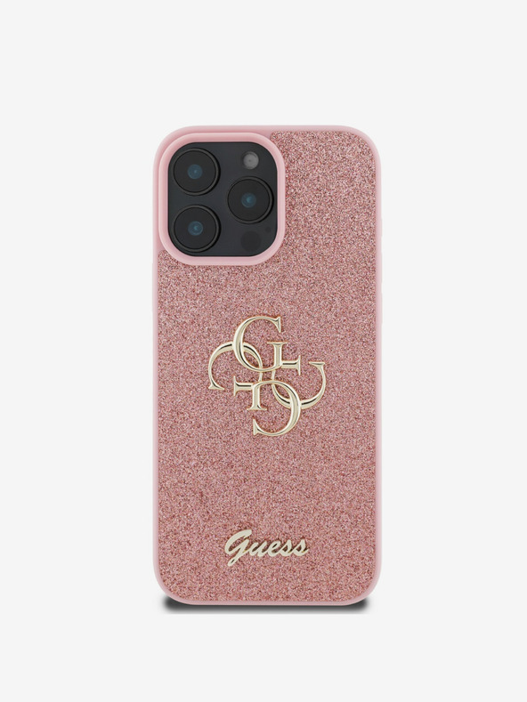 Guess Guess PU Pevný zadný kryt s kovovým logom 4G Glitter pre iPhone 16 Pro ružový