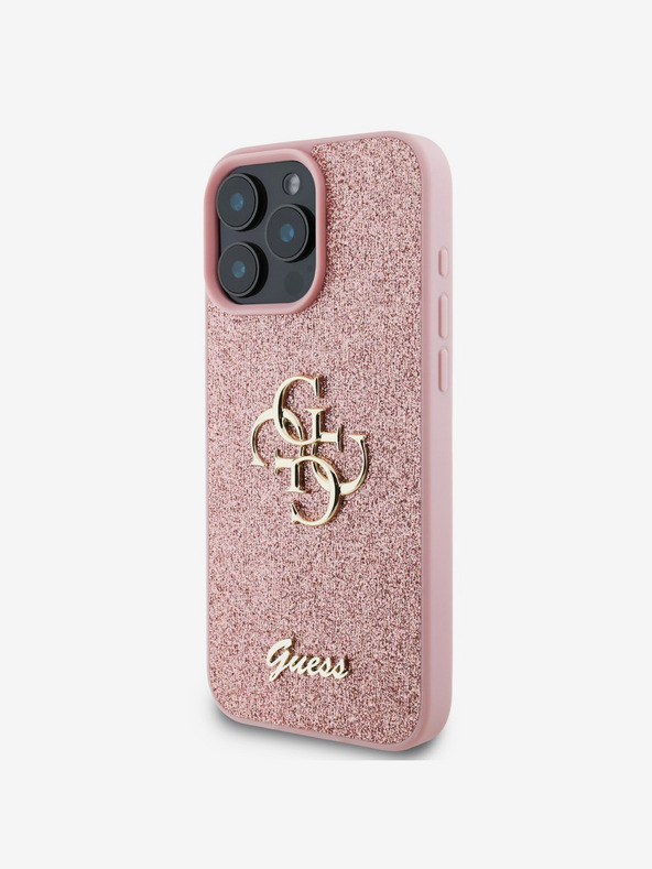 Guess Guess PU Pevný zadný kryt s kovovým logom 4G Glitter pre iPhone 16 Pro ružový