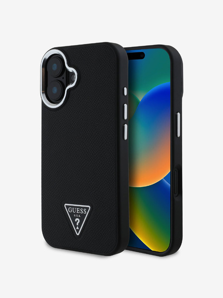 Guess Guess PU zrnitý zadný kryt s trojuholníkovým logom pre iPhone 16 čierny